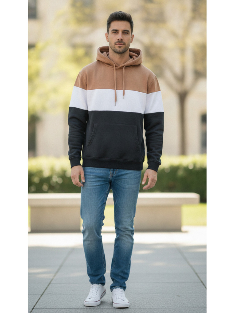Denim & Flower Colorblock Hoodie in Brown, White, and Black - Size XL